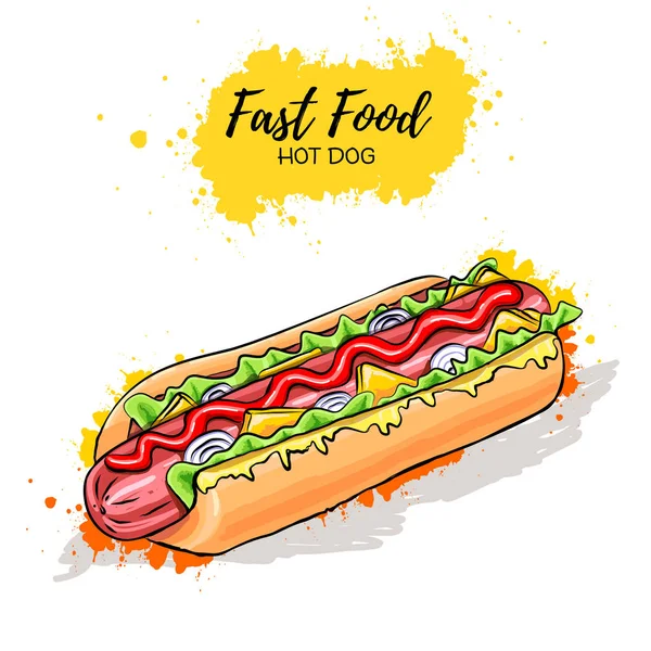 Tangan ditarik Hot Dog. Sketsa makanan cepat saji - Stok Vektor