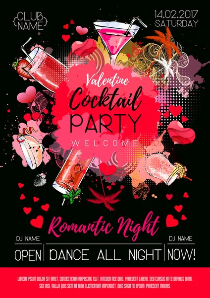 Disegno poster per cocktail party. Menù dei cocktail. Il giorno di Valenine — Vettoriale Stock