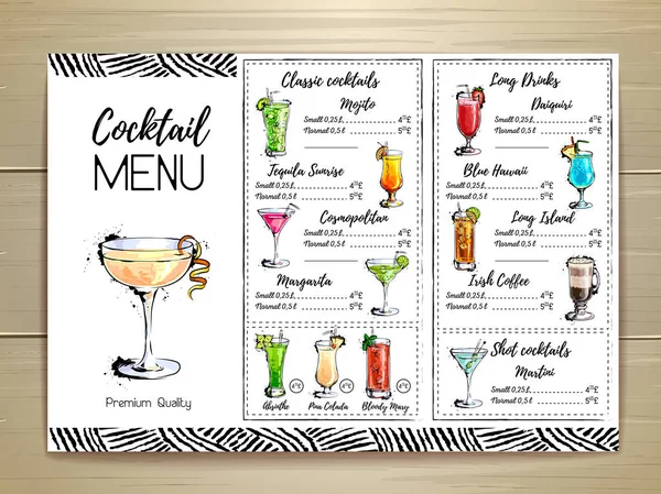 Cocktailkaart ontwerp op houten achtergrond — Stockvector