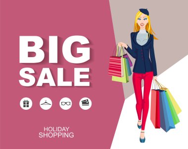 Simgeler ile Düz stil afiş Büyük satış. Alışveriş kadın modeli. 