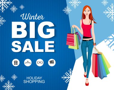 Simgeler ile Düz stil afiş kış Büyük satış. Alışveriş kadın modeli