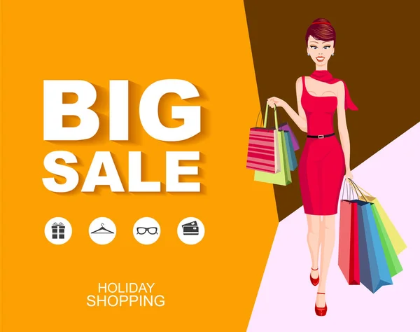Cartaz de estilo plano Grande venda com ícones. Modelo de mulher de compras . —  Vetores de Stock