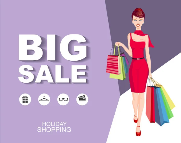Platte stijl poster grote verkoop met pictogrammen. Shopping vrouw model — Stockvector