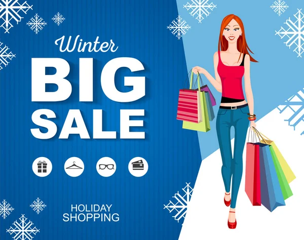 Vlakke stijl poster winter grote verkoop met pictogrammen. Shopping vrouw model — Stockvector