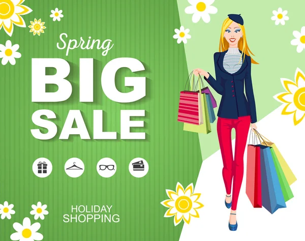 Düz stil afiş bahar Simgeleri ile Büyük satış. Alışveriş kadın modeli