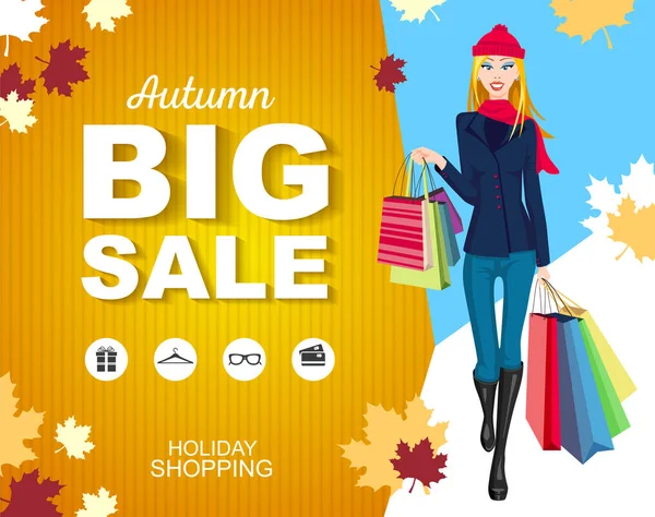 Vlakke stijl poster herfst grote verkoop met pictogrammen. Shopping Woman — Stockvector