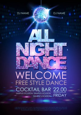 Disko topu arka plan. Poster bütün gece dans disko. Neon