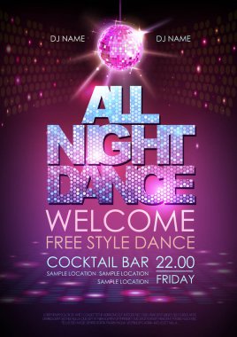 Disko topu arka plan. Poster bütün gece dans disko. Neon