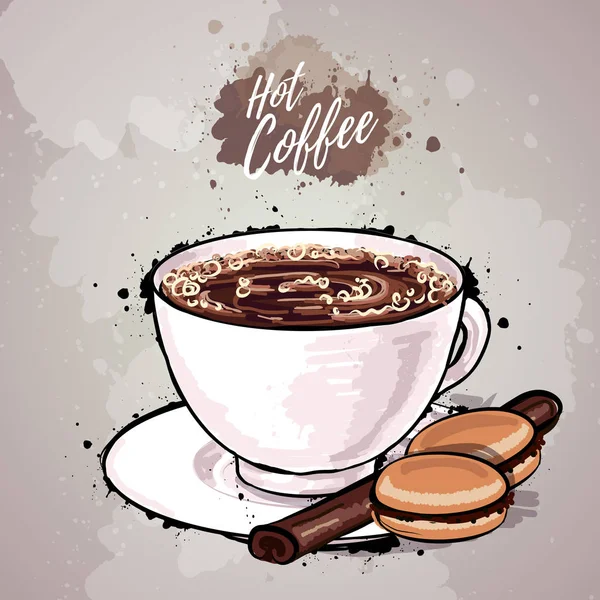 Illustrazione disegnata a mano di tazza di caffè o cioccolata calda — Vettoriale Stock