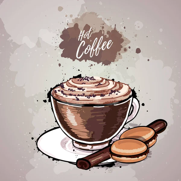 Hand getekende illustratie van kopje koffie of warme chocolademelk — Stockvector