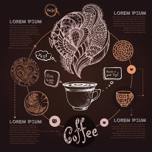 커피 또는 홍차의 컵의 장식 적 밑그림입니다. 커피 메뉴 디자인 — 스톡 벡터