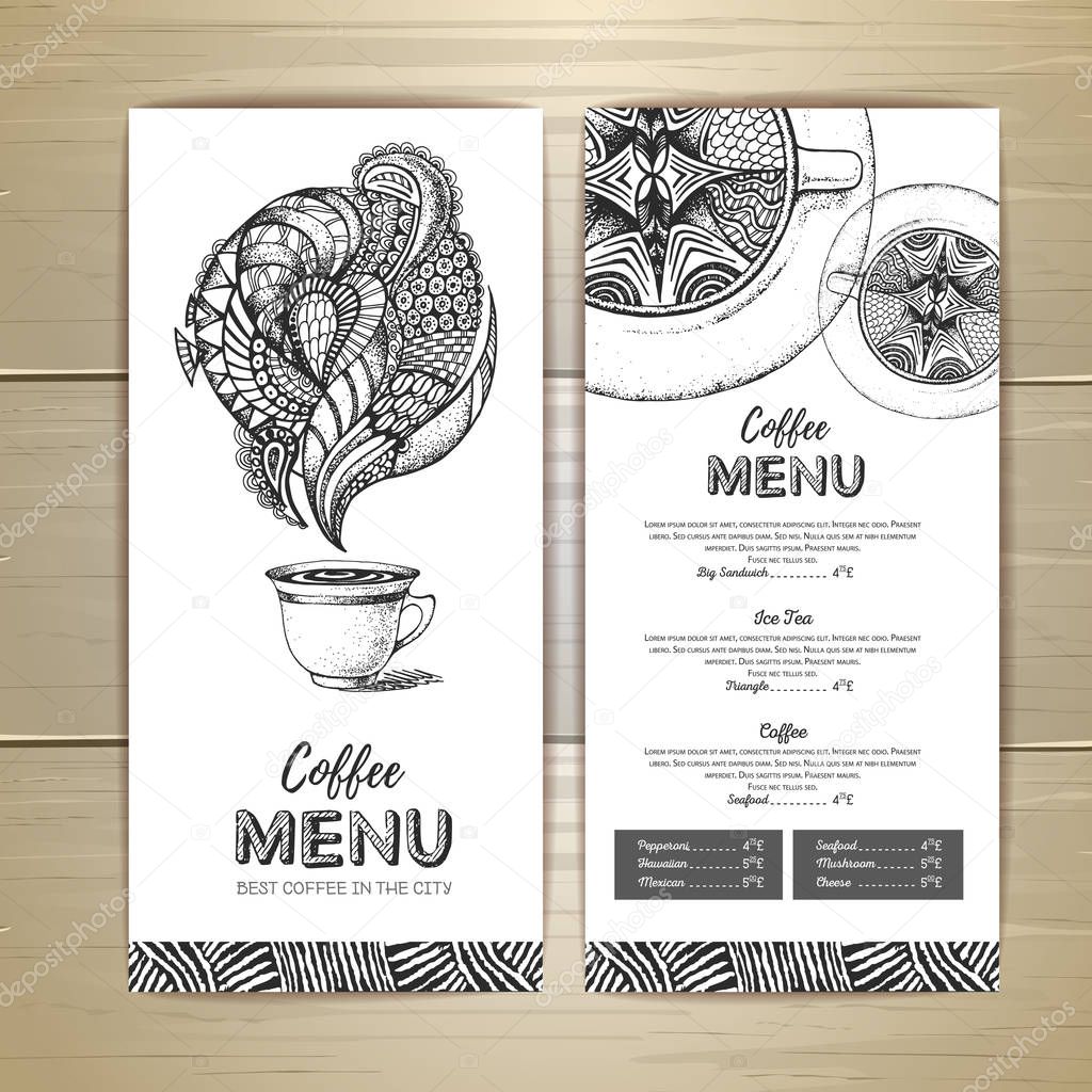 Coffee menu design. Decorative sketch of cup of coffee or tea