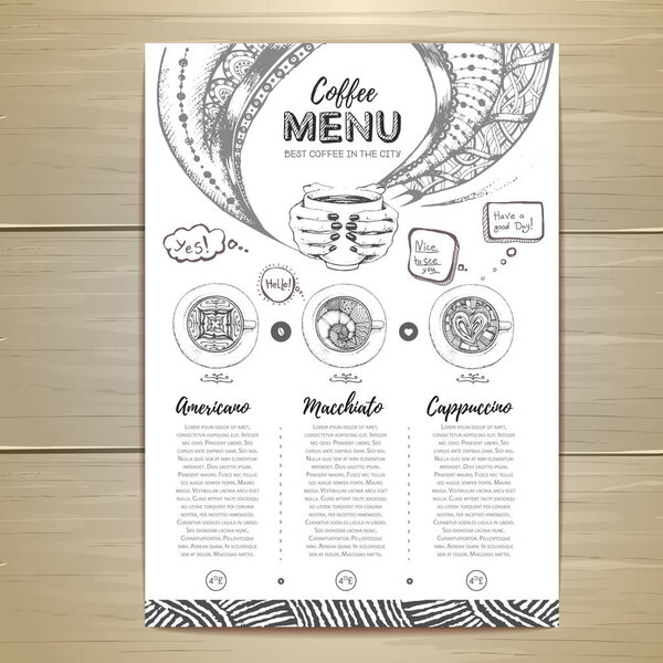 Coffee menu design. Decorative sketch of cup of coffee or tea