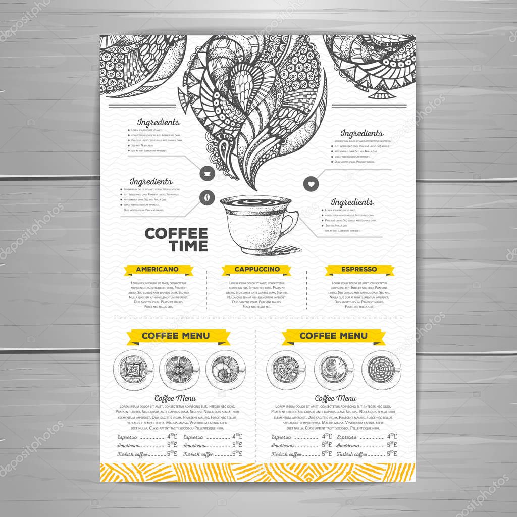 Coffee menu design. Decorative sketch of cup of coffee or tea