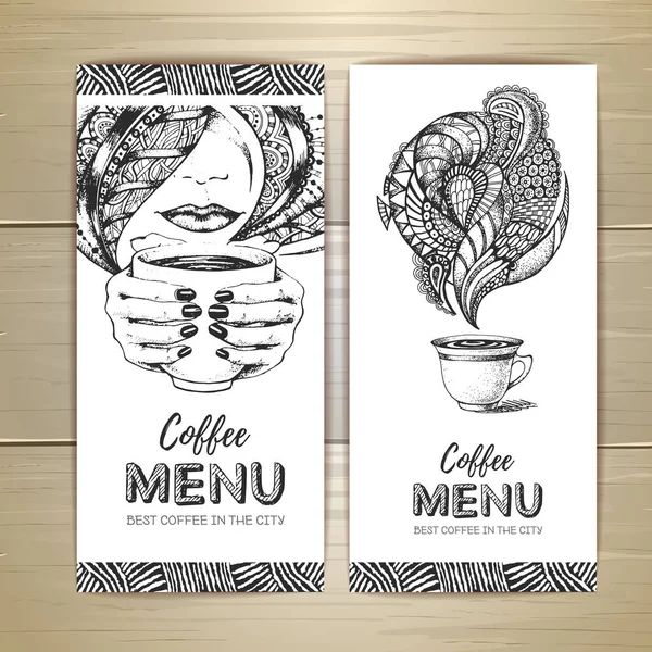 コーヒー メニューのデザイン。コーヒーや紅茶のカップの装飾的なスケッチ — ストックベクタ
