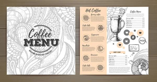 Kaffee-Menü-Design. Dekorative Skizze einer Tasse Kaffee oder Tee — Stockvektor