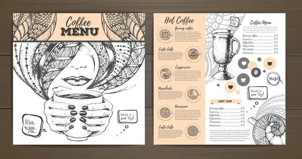 Koffie menu ontwerp. Decoratieve schets van kopje koffie of thee — Stockvector