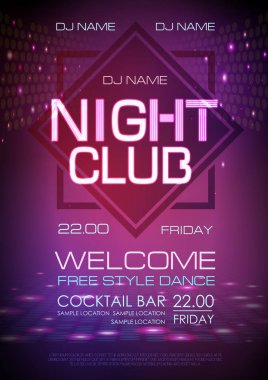 Disko arka plan. Neon tabela gece kulübü poster.
