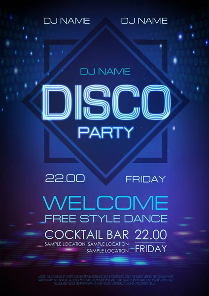 Disco ball background. Neon sign disco party poster. — Stock Vector