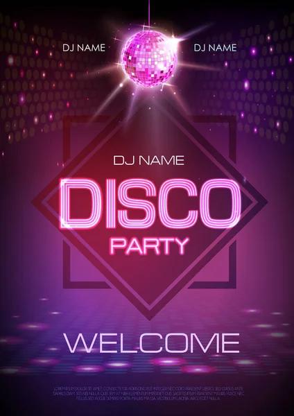 Sfondo sfera discoteca. Insegna al neon disco party poster . — Vettoriale Stock