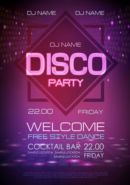 Disko koule pozadí. Neonový nápis Disco party plakát. — Stockový vektor