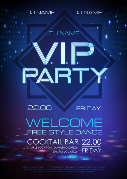 Neon znak. V.I.P. party. Dyskoteka plakat — Wektor stockowy