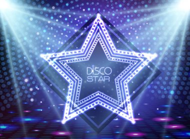 Neon sign disco star on night disco background clipart