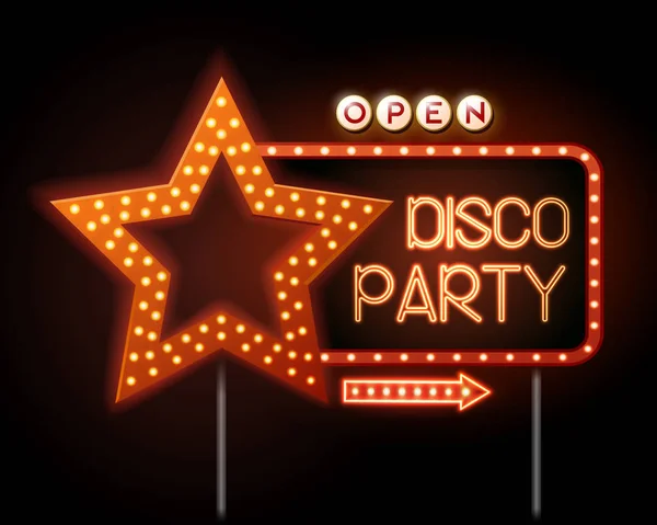 Neon segno di disco star e neon testo discoteca partito — Vettoriale Stock