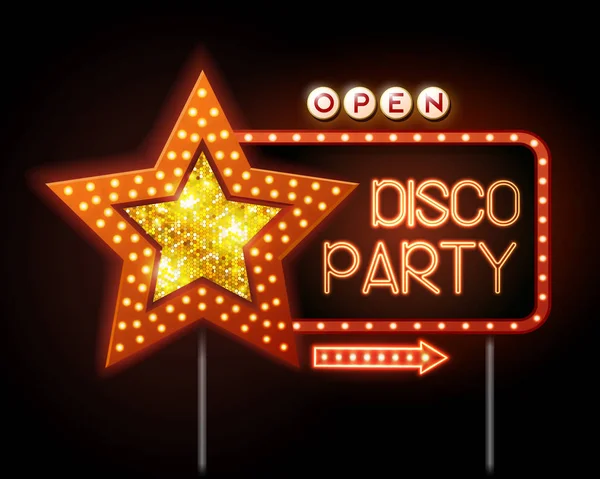 Neon sign of disco star and neon text disco party — Stock Vector