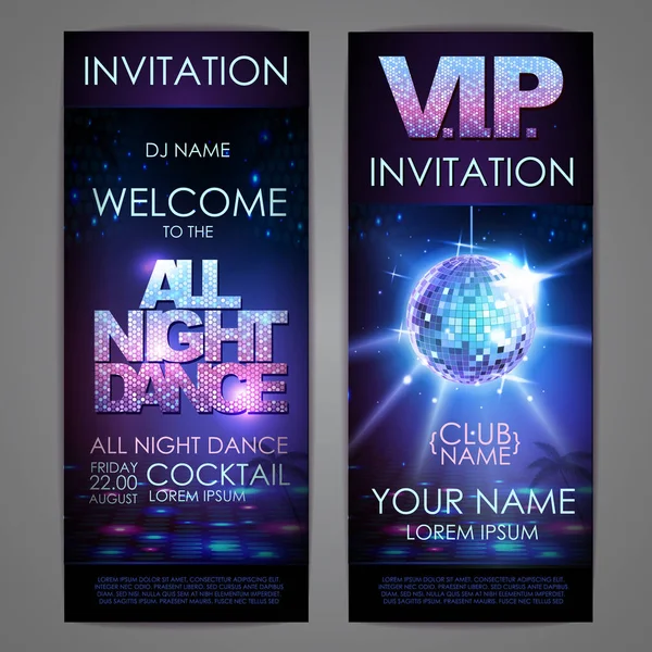 Set of disco background banners. All night dance poster — Stock Vector