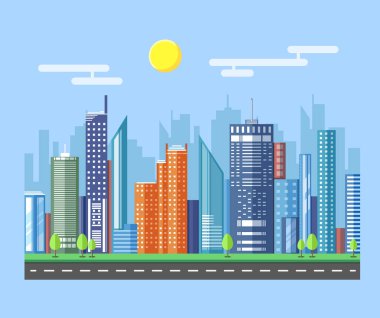 Kentsel şehir manzarası düz stil modern tasarımı. Vektör Icon set
