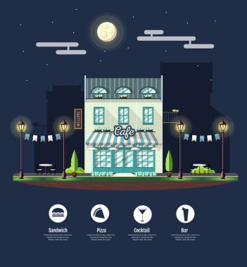 Flat style modern icon design of cafe building. Night scene. Retro old town design clipart