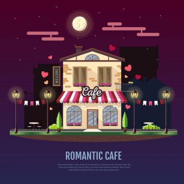 Düz stil modern simgesi tasarım romantik kafe binası. Gece sahne. Retro eski şehir tasarımı