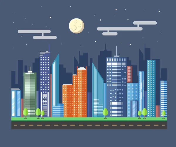 Design moderno in stile piatto del paesaggio urbano notturno della città. Set di icone vettoriali — Vettoriale Stock