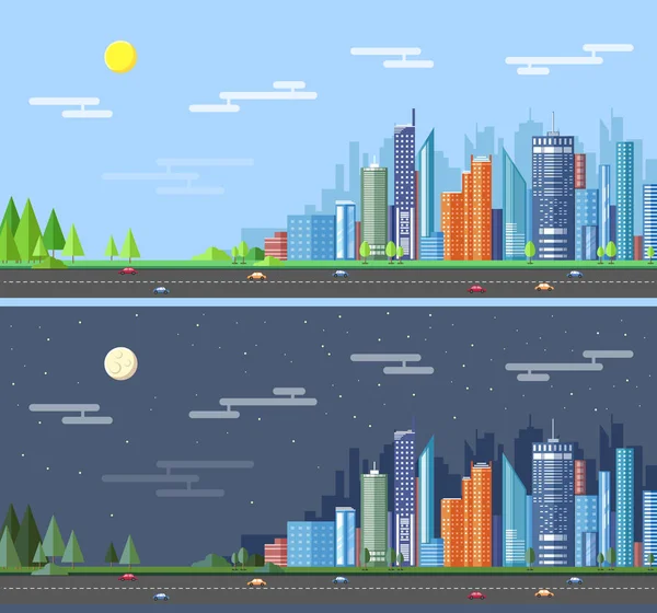 Design moderno in stile piatto del paesaggio urbano giorno e notte della città. Set di icone vettoriali — Vettoriale Stock