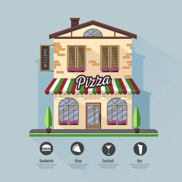 Design de ícone moderno de estilo plano de edifício de café de pizza. Retro projeto da cidade velha — Vetor de Stock