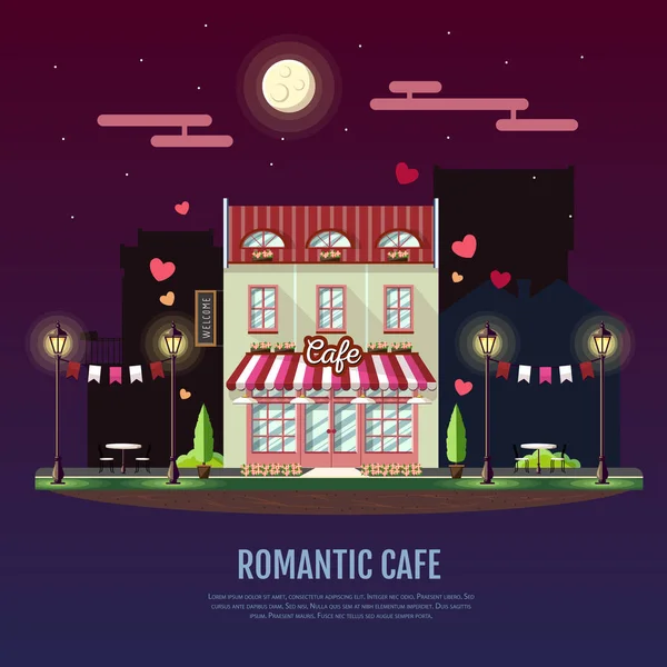 Lapos stílusú modern ikon tervezés épület romantikus kávézó. Éjszakai jelenet. Retro régi város design — Stock Vector
