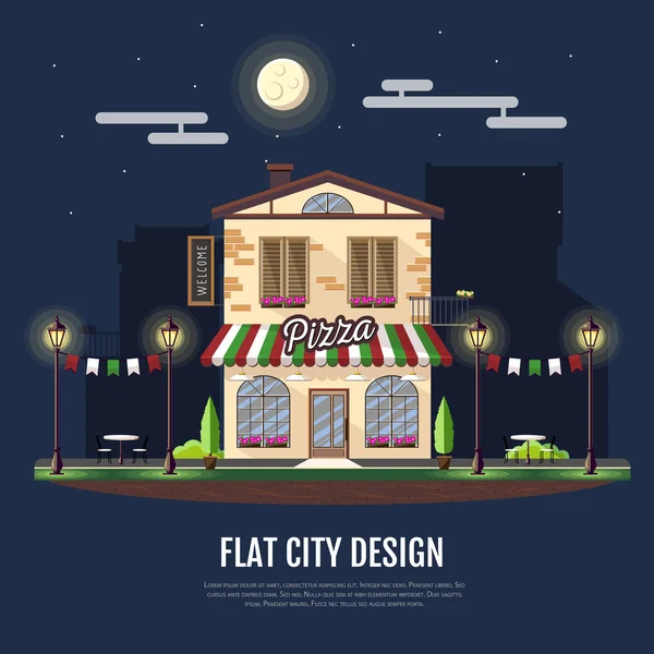 比萨饼咖啡馆建筑平面样式现代图标设计。夜景。复古旧城设计 — 图库矢量图片