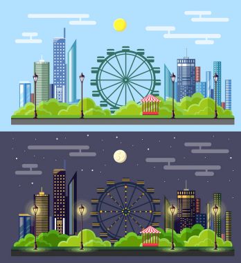 Düz stil modern tasarım Kentsel gün ve gece şehir manzarası. 