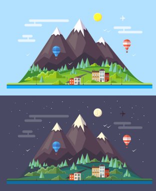 Gece gündüz kırsal dağlar manzara düz stil tasarım