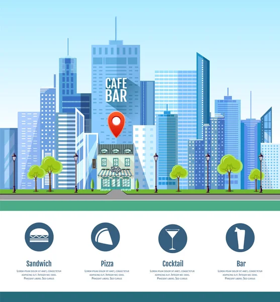 Diseño moderno de estilo plano del paisaje urbano de la ciudad con pin de ubicación — Archivo Imágenes Vectoriales