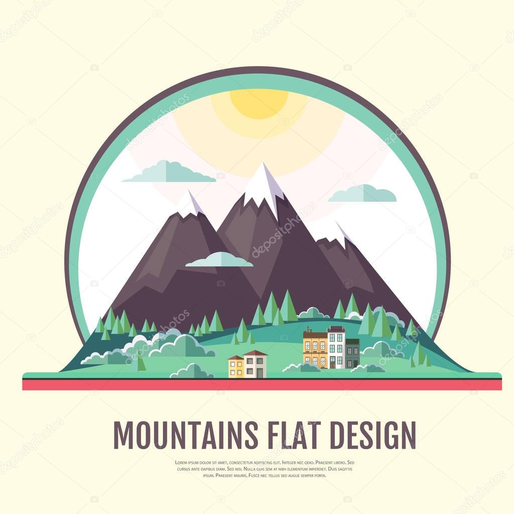 Flat style design of countryside mountains landscape. 