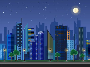 Düz stil modern tasarımlı kentsel gece şehir manzarası. 