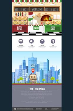 Düz stil pizzacı iç. Web sitesi tasarımı. Pizza menü