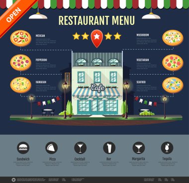 Düz stil pizzacı café tasarımı. Web sitesi tasarımı. Pizza menü