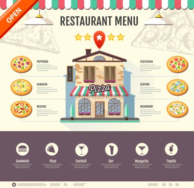 Düz stil pizzacı café tasarımı. Web sitesi tasarımı. Pizza menü