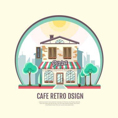 Düz stil simgesi tasarım pizza kafe binası. Retro eski şehir