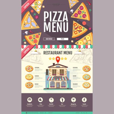 Düz stil pizzacı café tasarımı. Web sitesi tasarımı. Pizza menü
