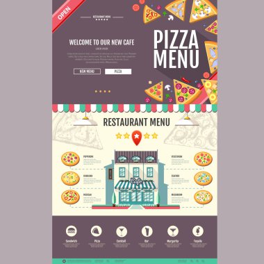Düz stil pizzacı café tasarımı. Web sitesi tasarımı. Pizza menü