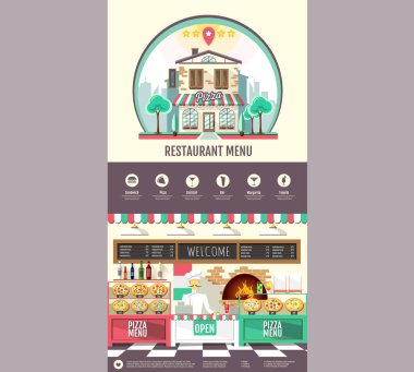 Düz stil pizzacı café tasarımı. Web sitesi tasarımı. Pizza menü